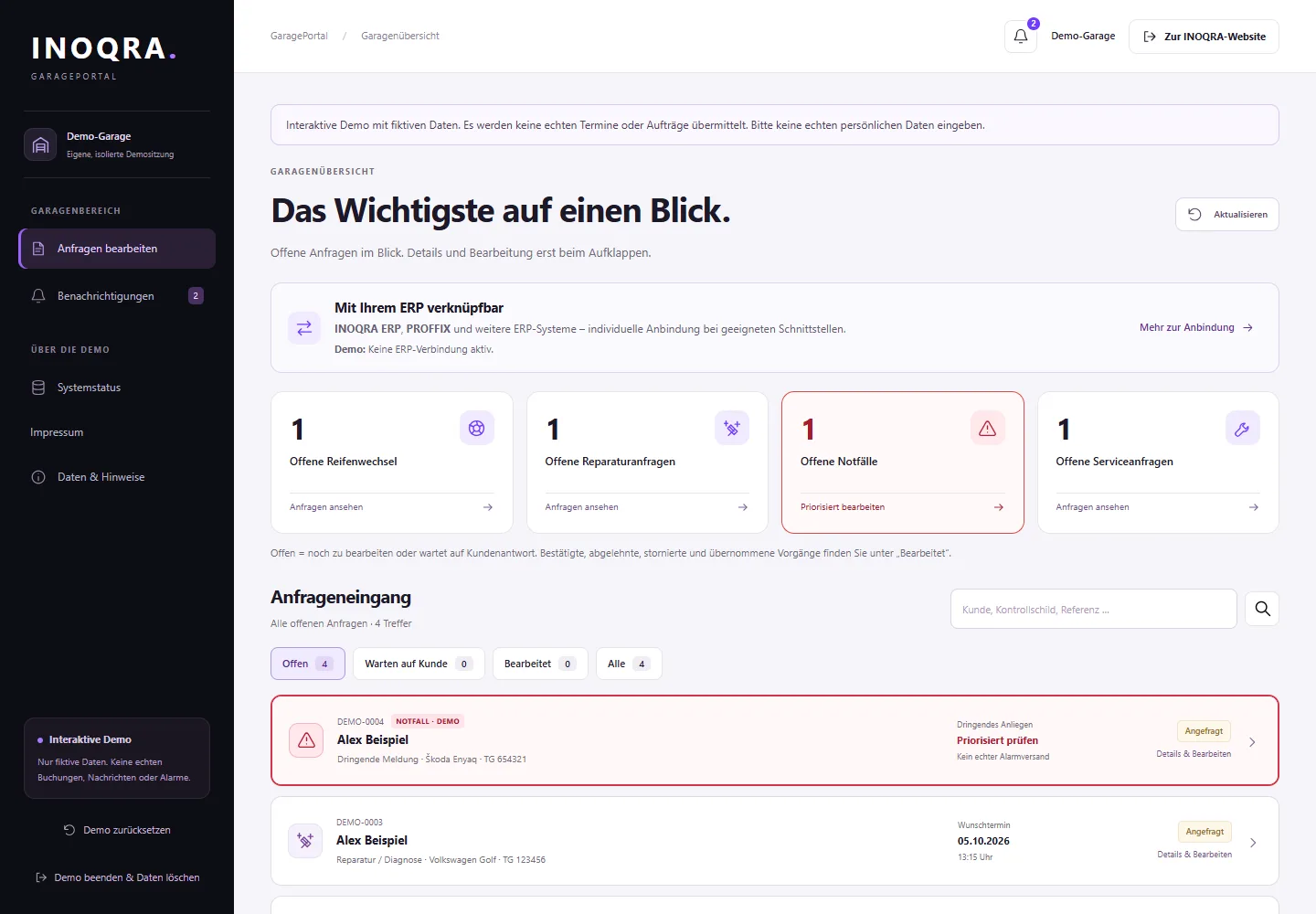 Garagenansicht des INOQRA Garagenportals mit fiktiven Serviceanfragen und Bearbeitungsaktionen