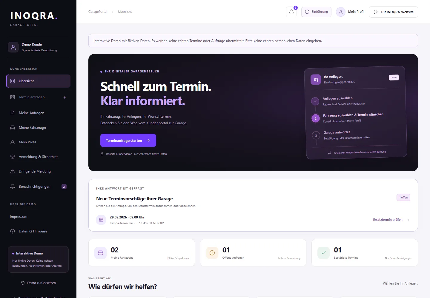 Kundenübersicht des INOQRA Garagenportals mit fiktiven Fahrzeugen und Terminanfragen